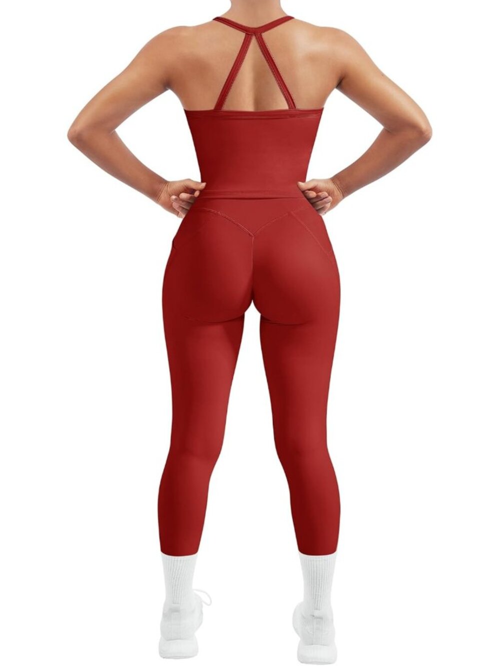2 Piece Women's Workout Set - Compression Leggings with Pockets & Halter Bra Top